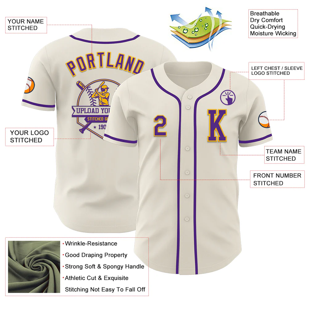 Custom Cream Purple-Gold Authentic Baseball Jersey - Image 6