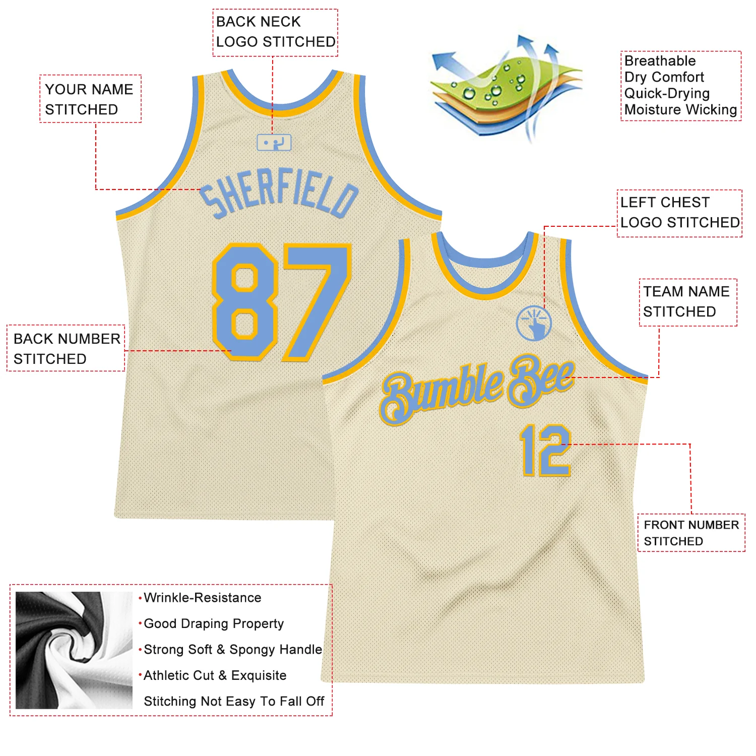 Custom Cream Light Blue-Gold Authentic Throwback Basketball Jersey - Image 2