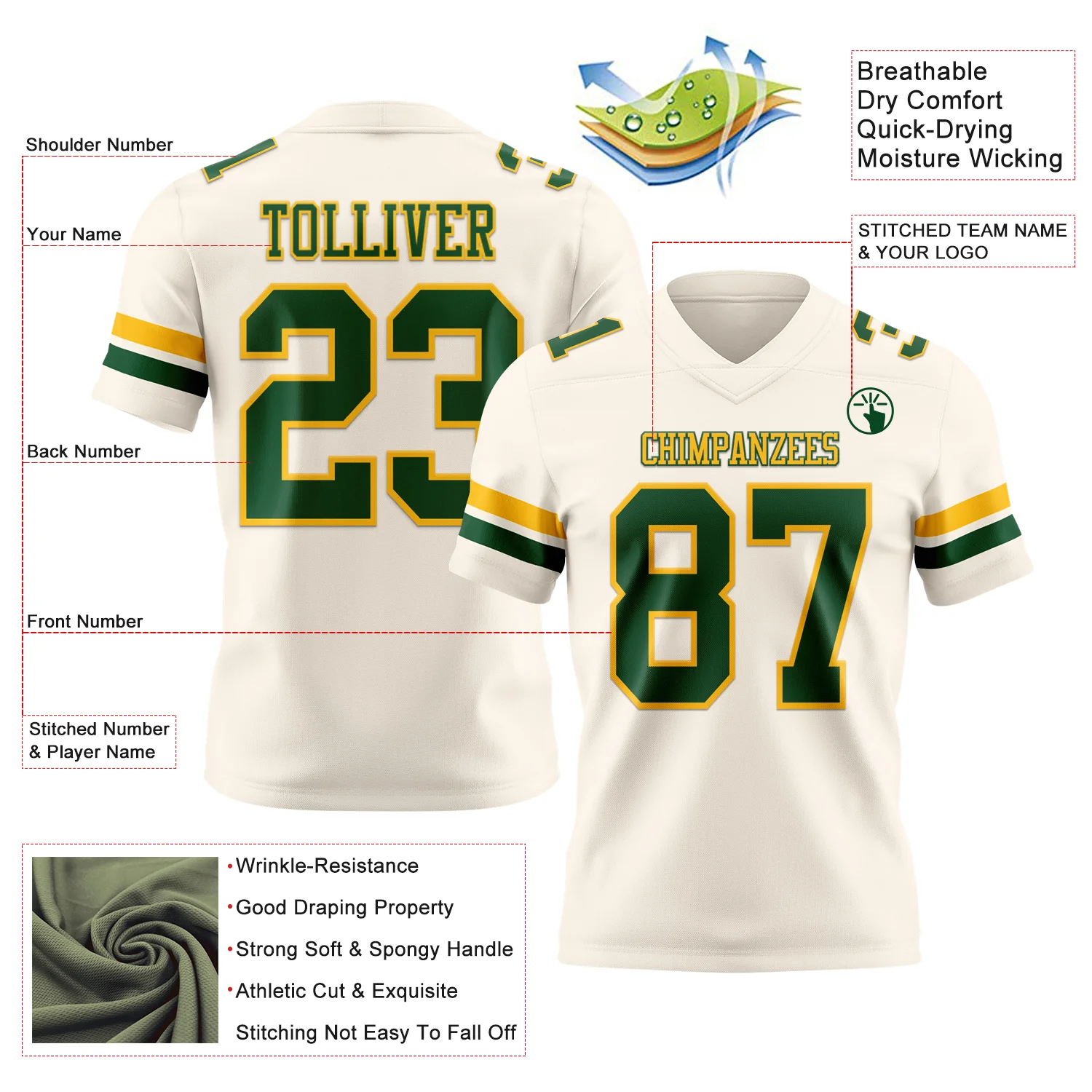 Custom Cream Green-Gold Authentic Football Jersey - Image 3