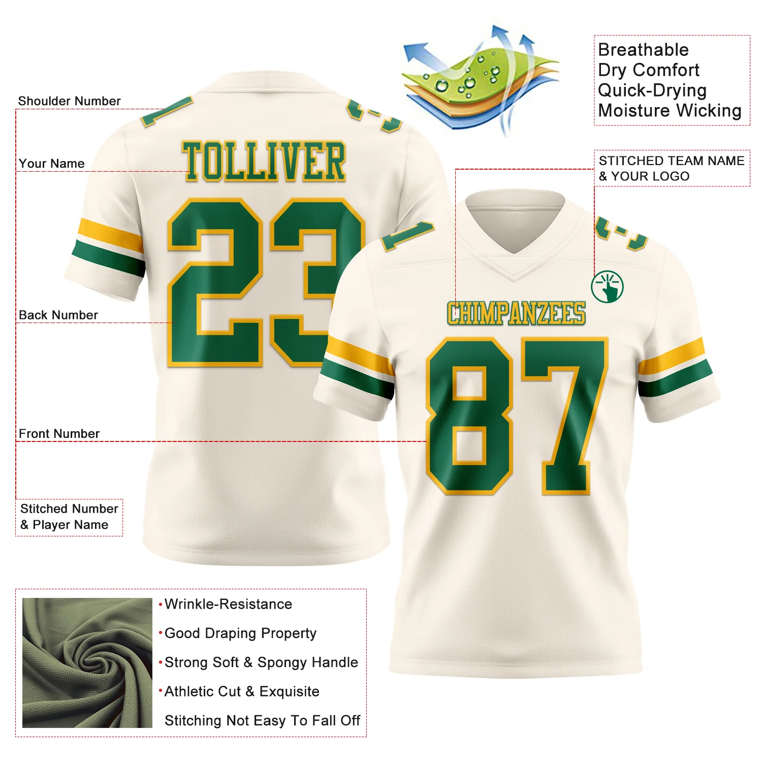 Custom Cream Kelly Green-Gold Authentic Football Jersey - Image 3