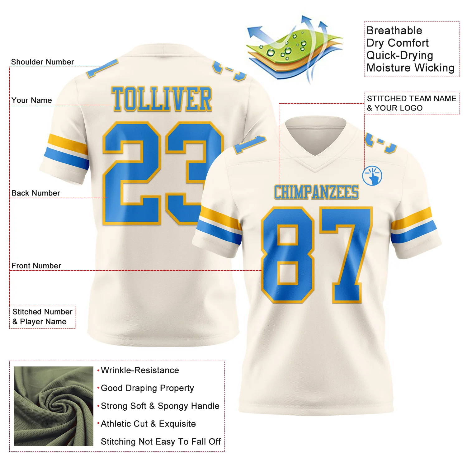 Custom Cream Powder Blue-Gold Authentic Football Jersey - Image 3