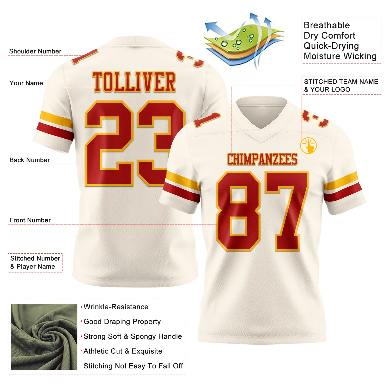 Custom Cream Red-Gold Authentic Football Jersey - Image 3