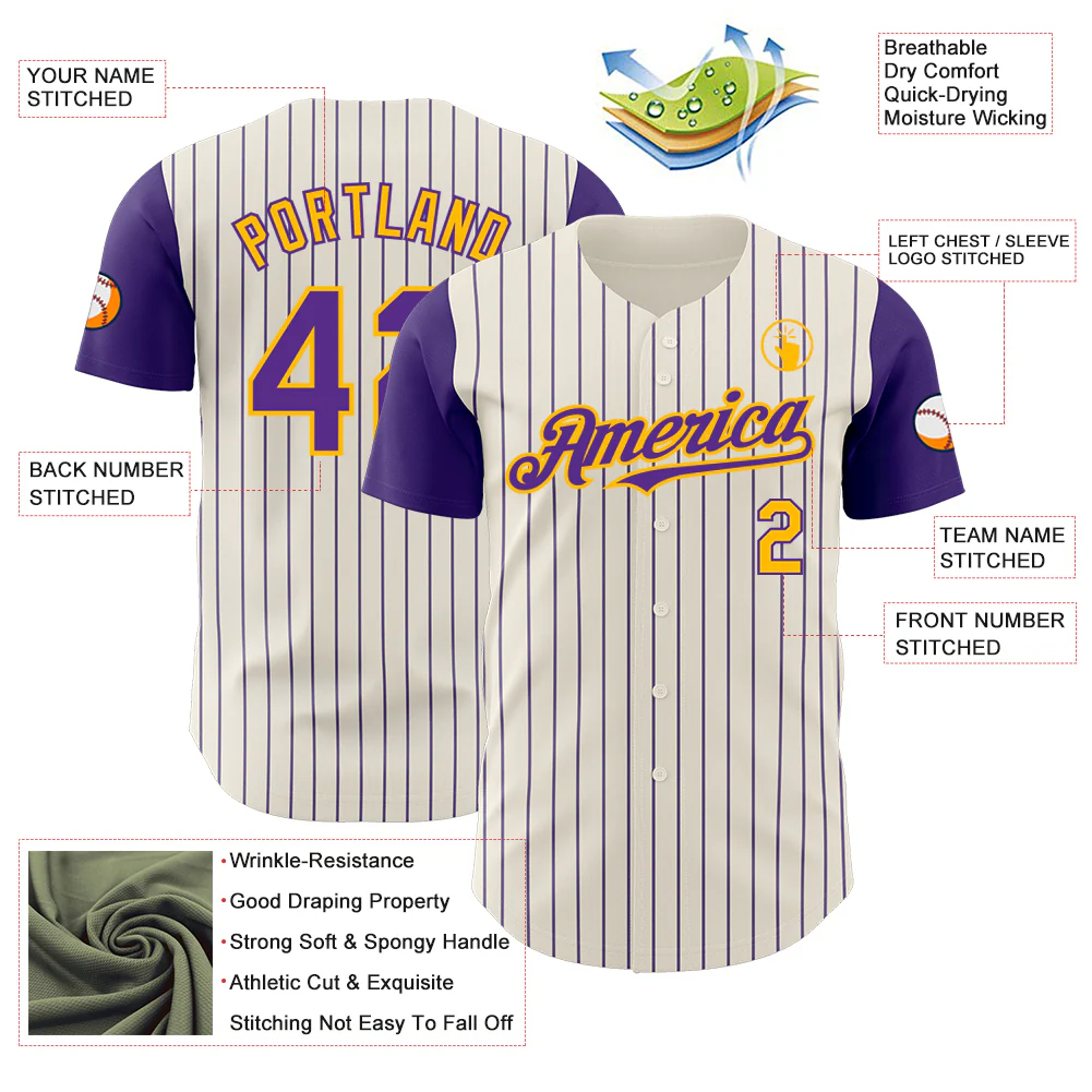 Custom Cream Purple Pinstripe Gold Authentic Two Tone Baseball Jersey - Image 3