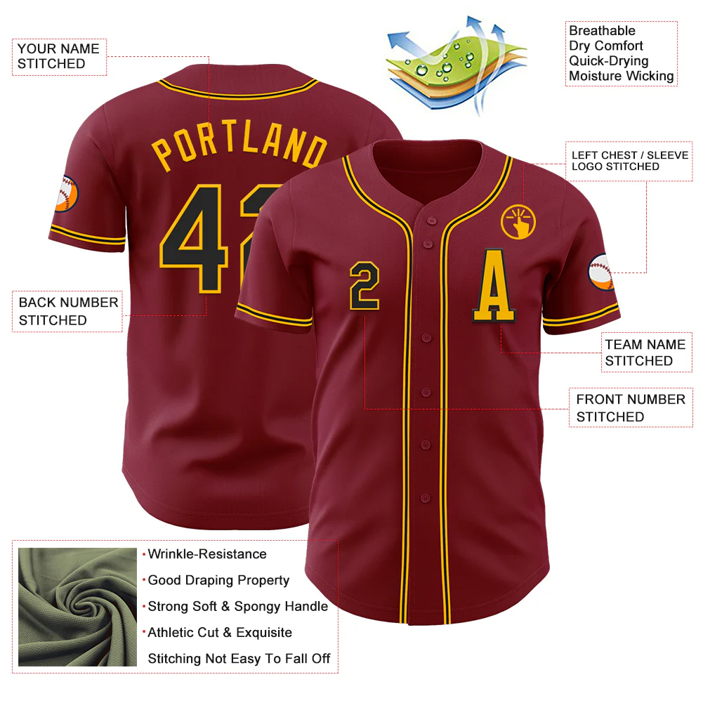 Custom Crimson Black-Gold Authentic Baseball Jersey - Image 2