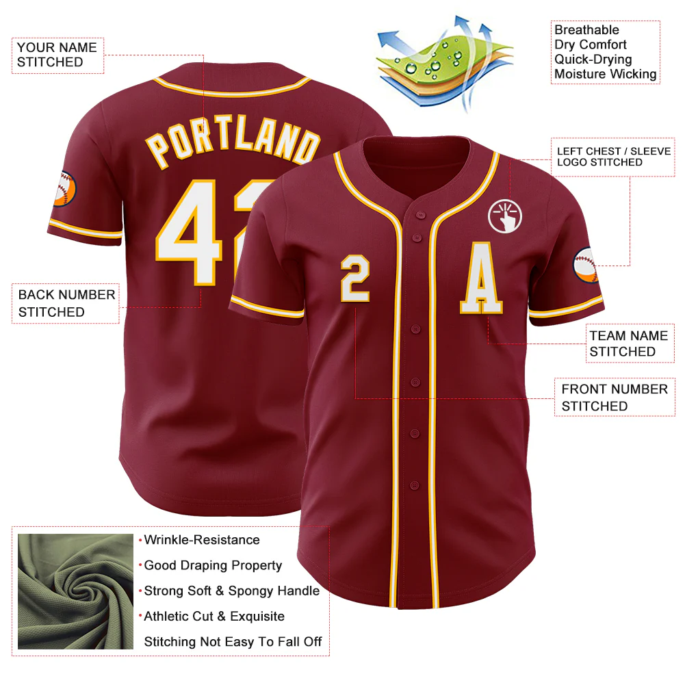Custom Crimson White-Gold Authentic Baseball Jersey - Image 2