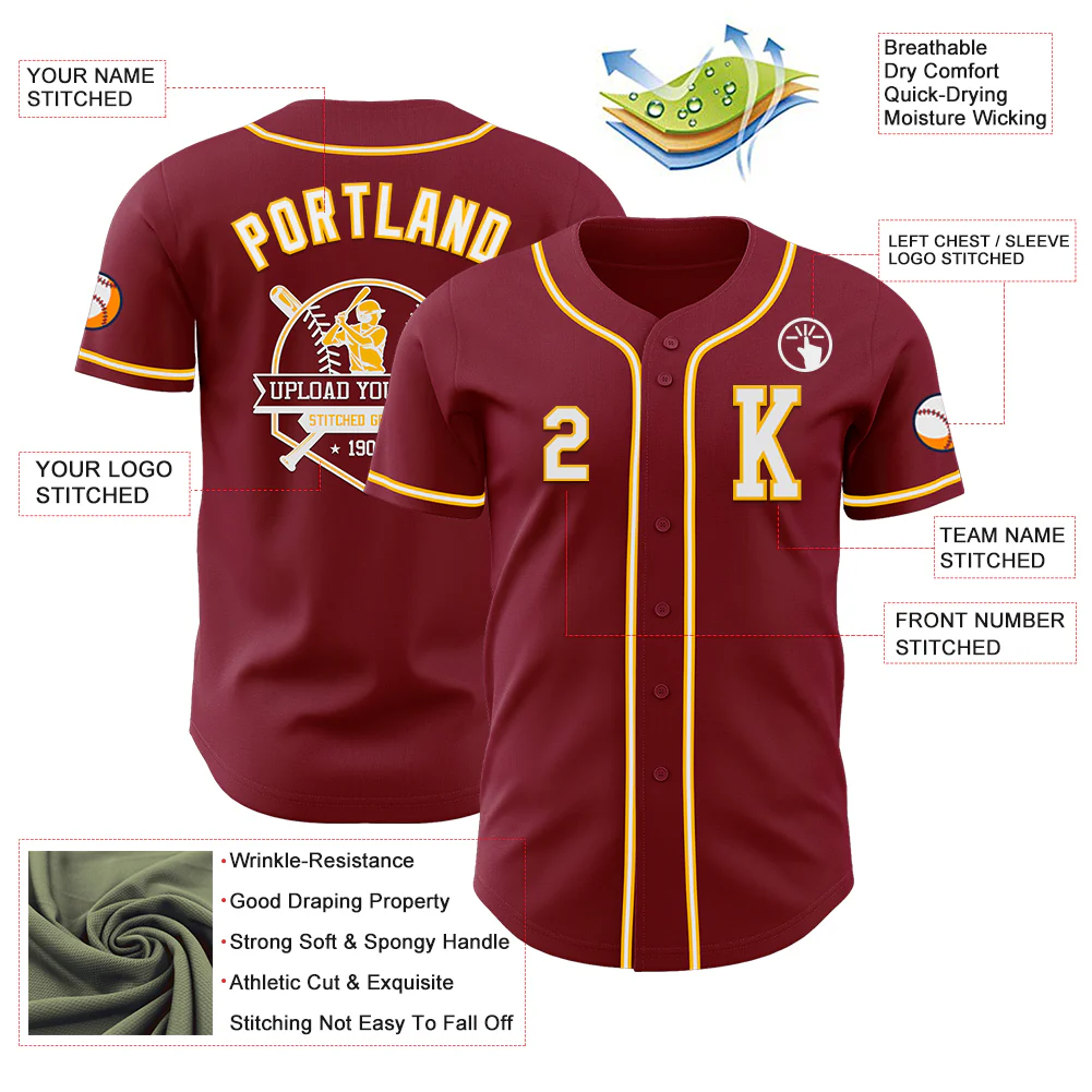 Custom Crimson White-Gold Authentic Baseball Jersey - Image 6