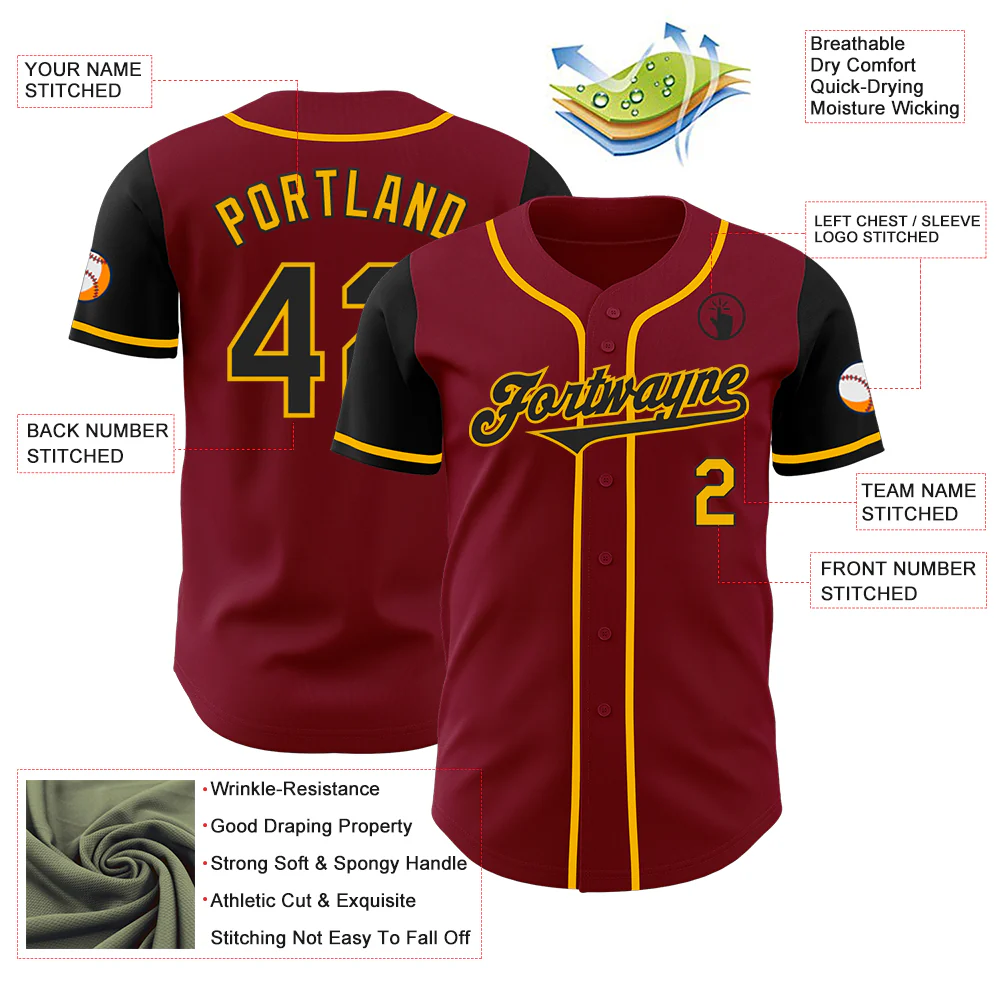 Custom Crimson Black-Gold Authentic Two Tone Baseball Jersey - Image 3