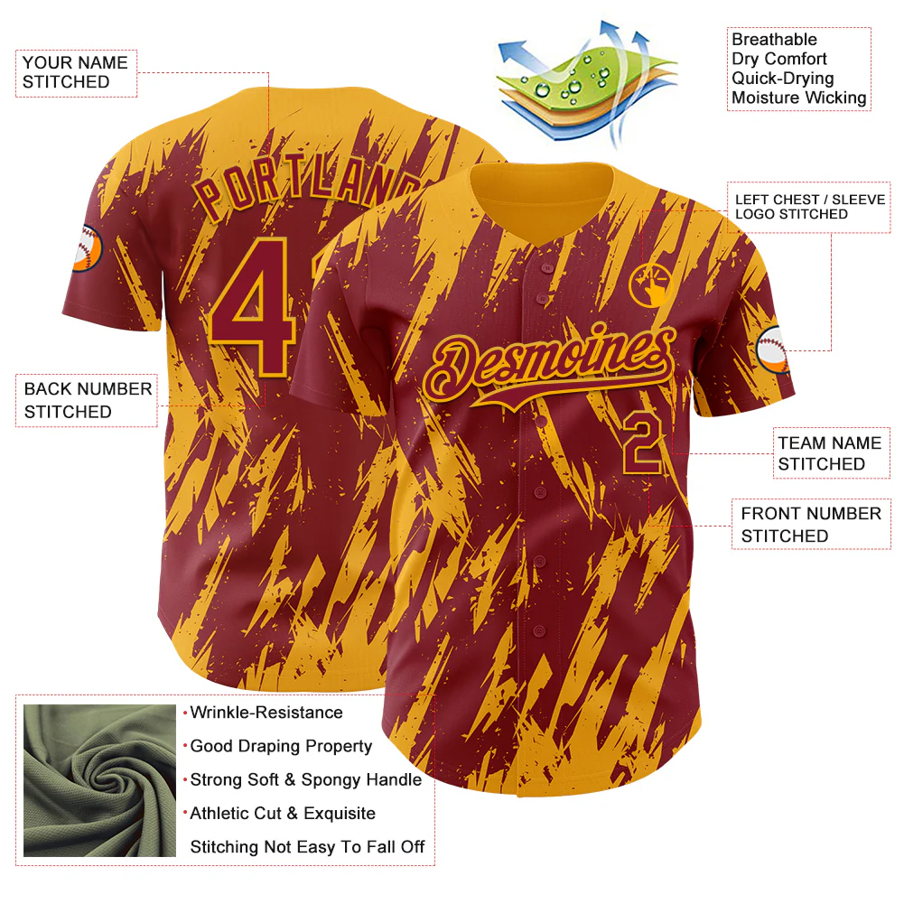 Custom Crimson Gold Splatter Torn Sharp Brush Stroke Authentic Baseball Jersey - Image 3