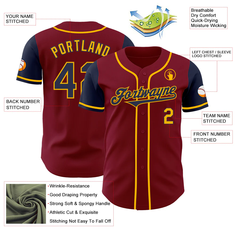 Custom Crimson Navy-Gold Authentic Two Tone Baseball Jersey - Image 3