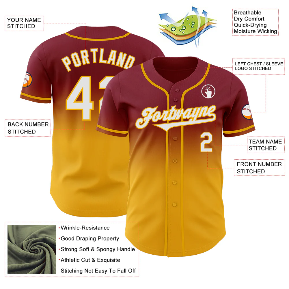 Custom Crimson White-Gold Authentic Fade Fashion Baseball Jersey - Image 3