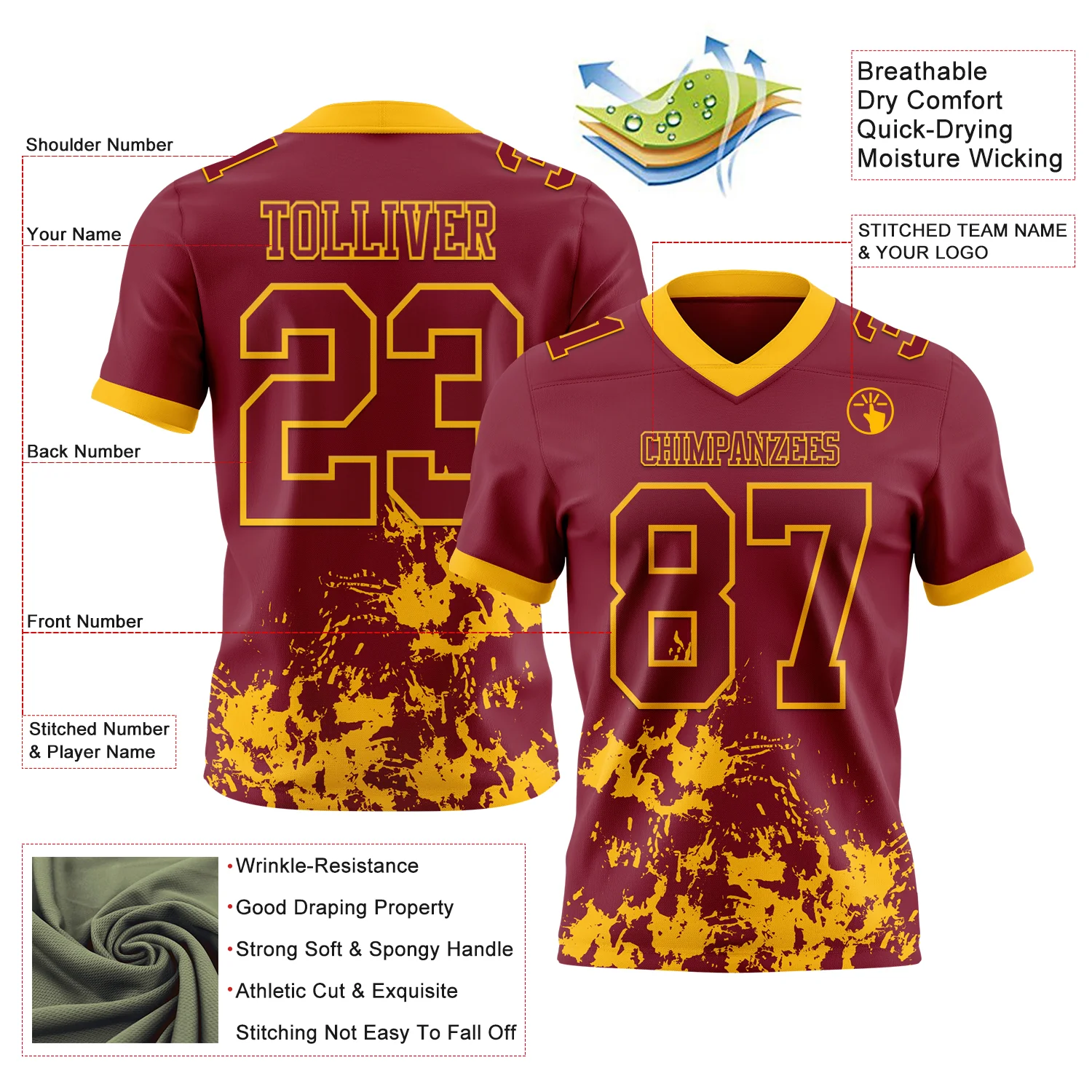 Custom Crimson Gold 3D Pattern Splash Authentic Football Jersey - Image 2