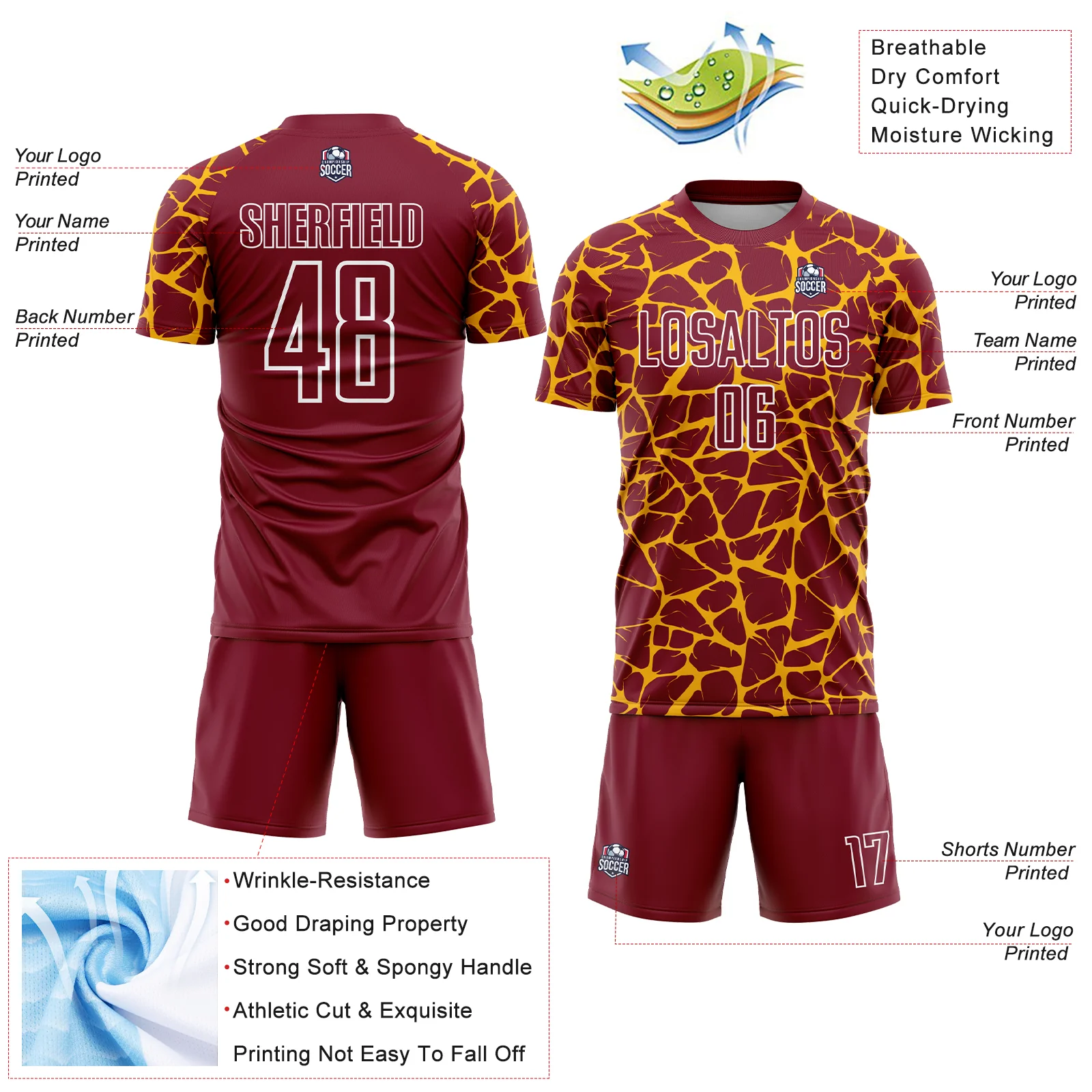 Custom Crimson Gold-White Abstract Network Splash Sublimation Soccer Uniform Jersey - Image 4
