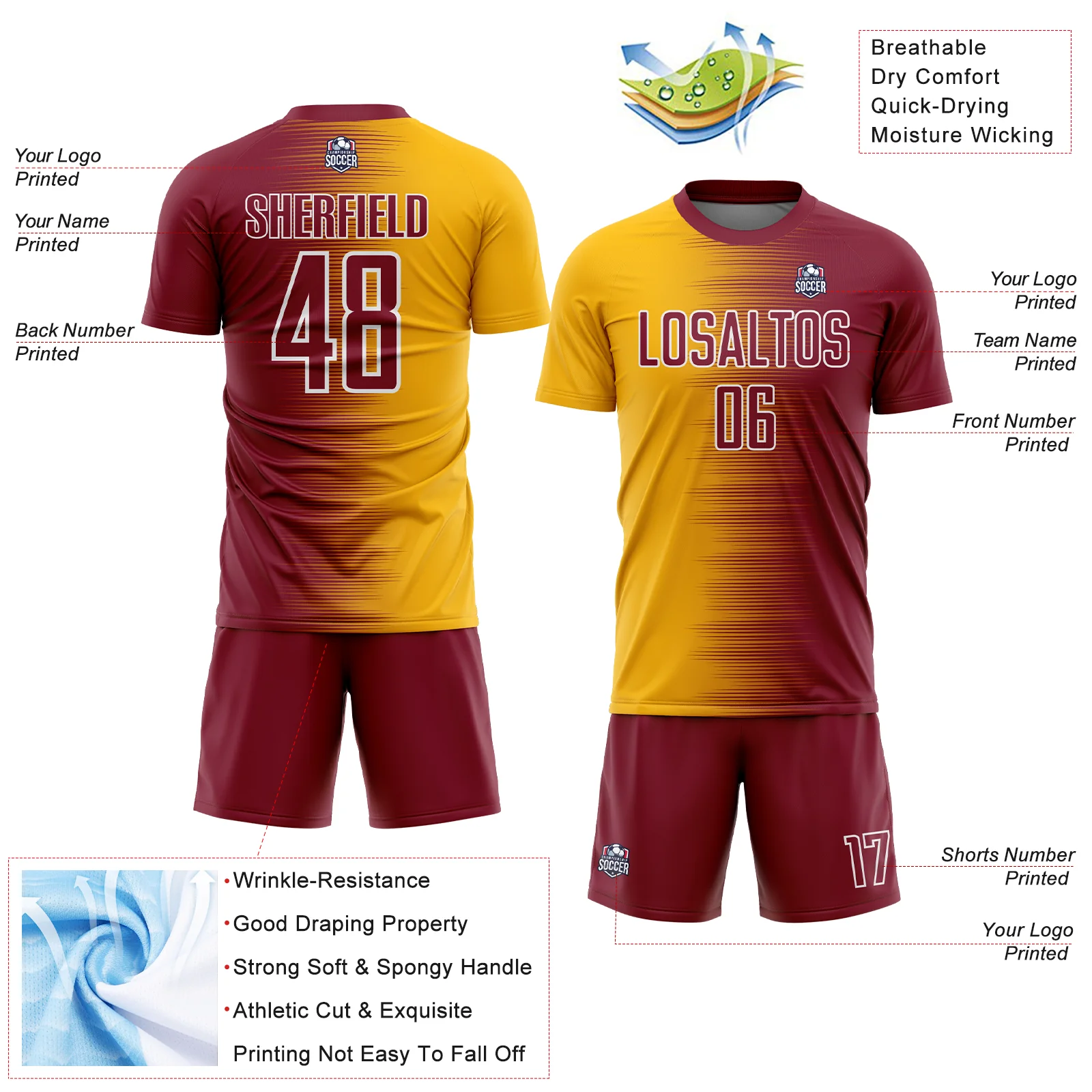 Custom Crimson Gold-White Gradient Line Sublimation Soccer Uniform Jersey - Image 4