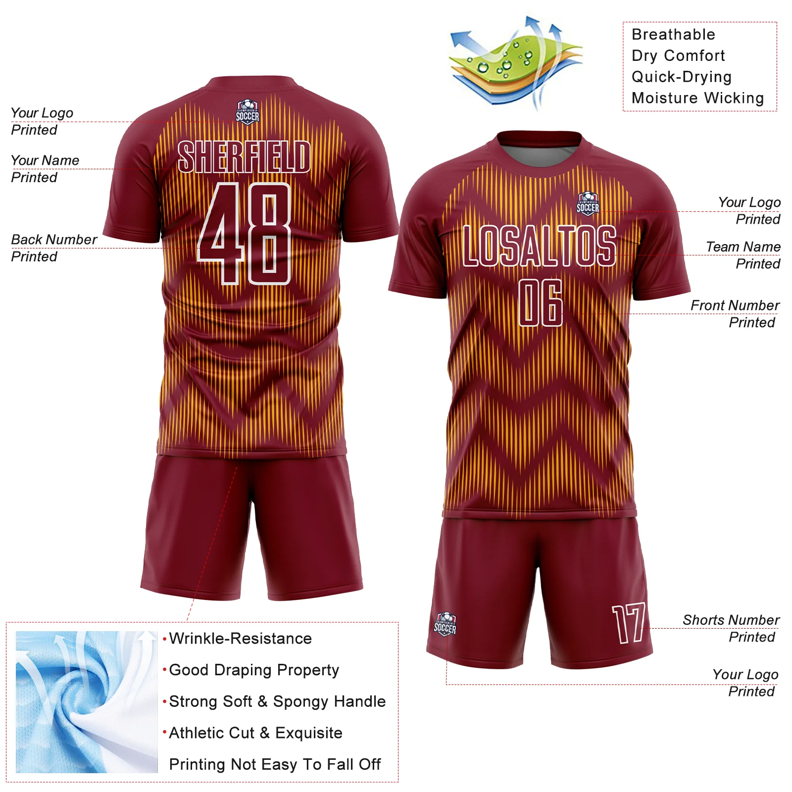 Custom Crimson Gold-White Line Sublimation Soccer Uniform Jersey - Image 4