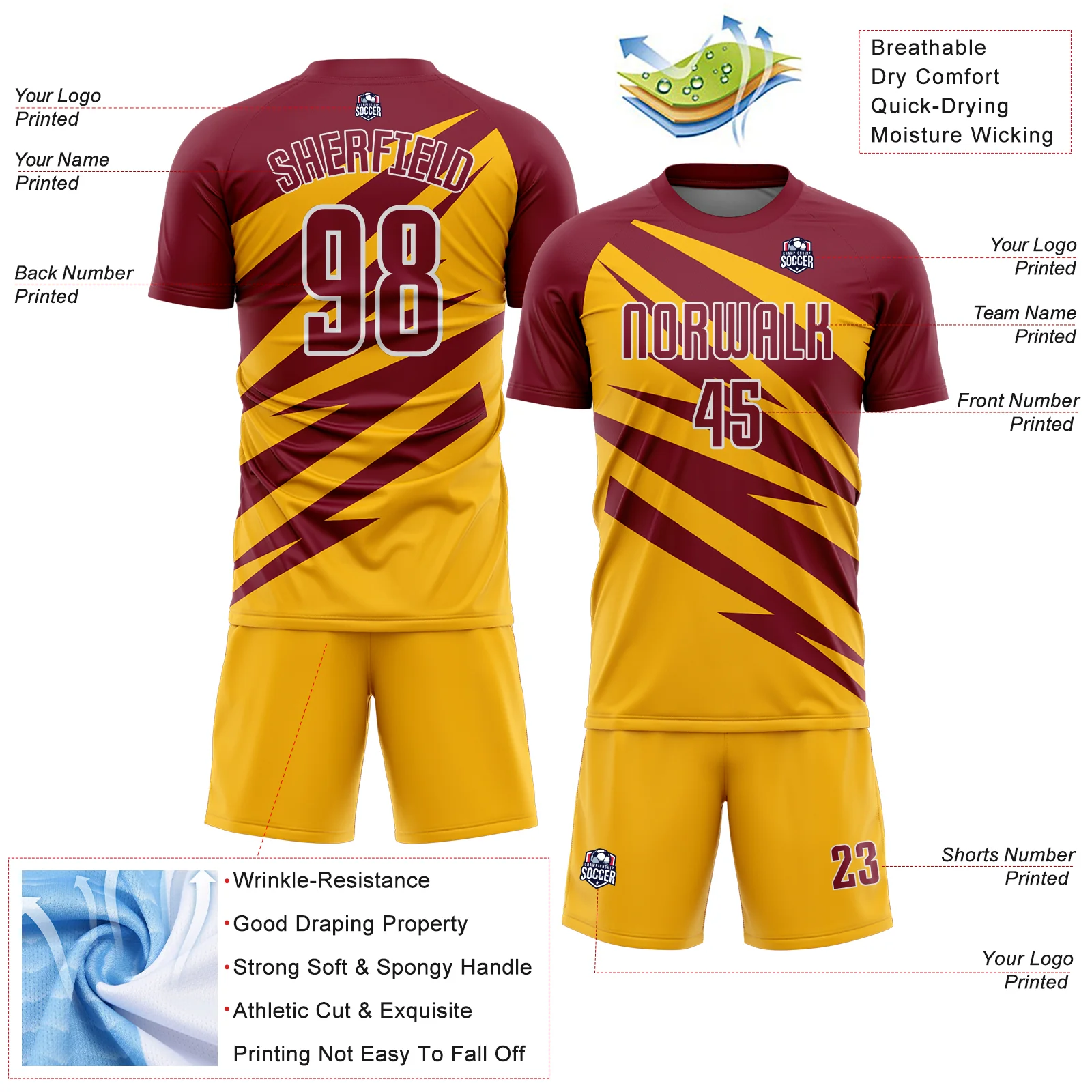 Custom Crimson Gold-White Abstract Line Sports Sublimation Soccer Uniform Jersey - Image 4