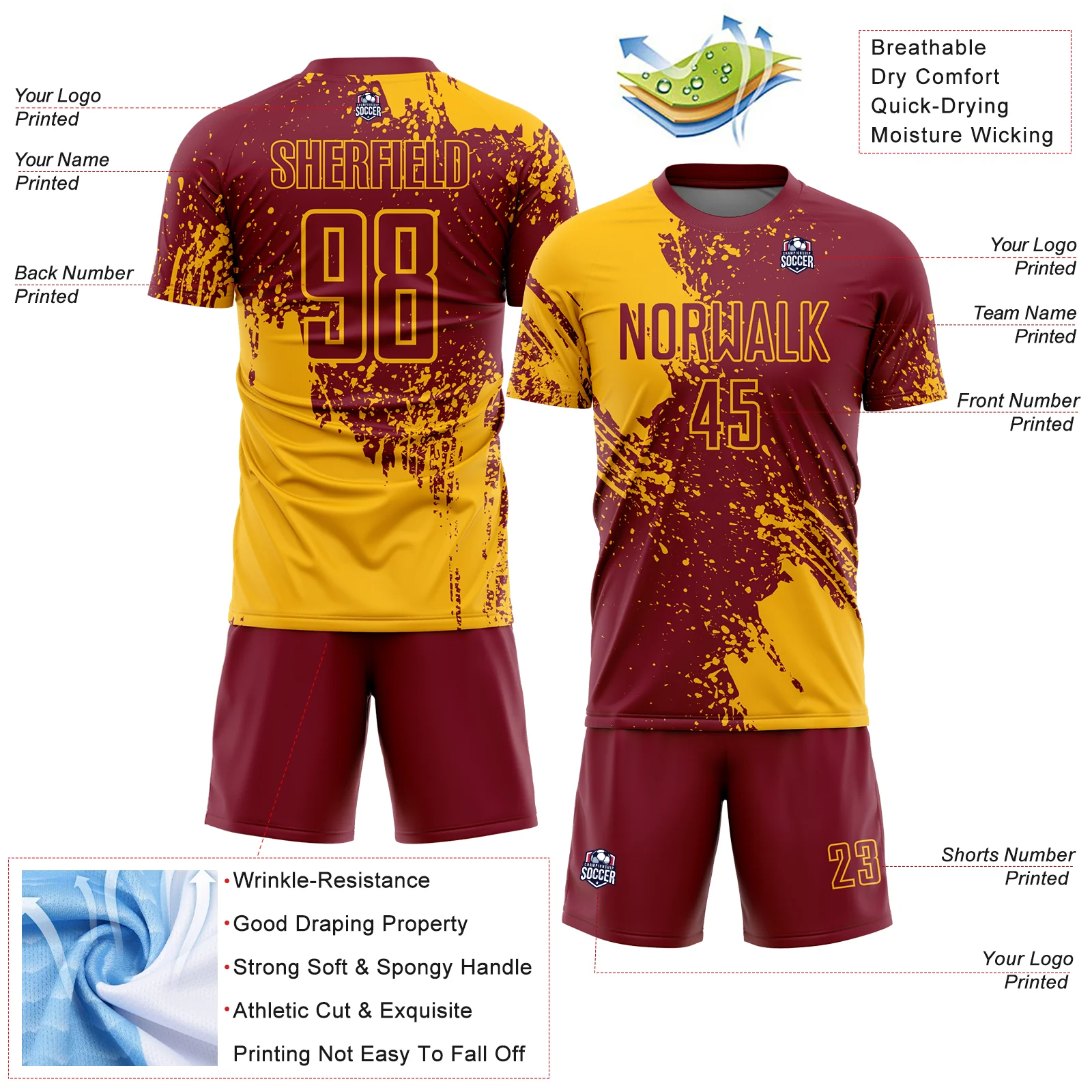 Custom Crimson Gold Abstract Brush Stroke Sports Sublimation Soccer Uniform Jersey - Image 4