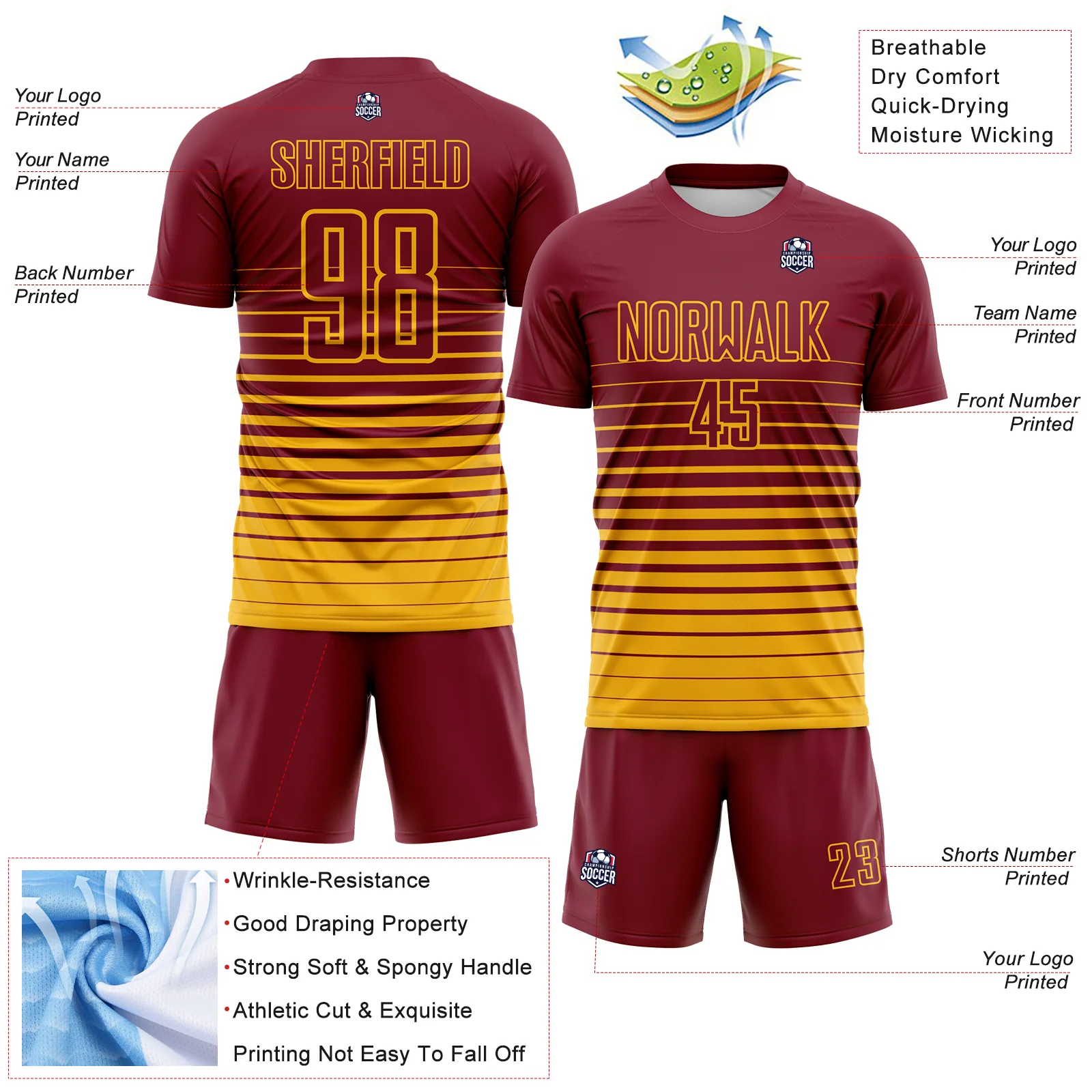 Custom Crimson Gold Gradient Pinstripe Sublimation Soccer Uniform Jersey - Image 4