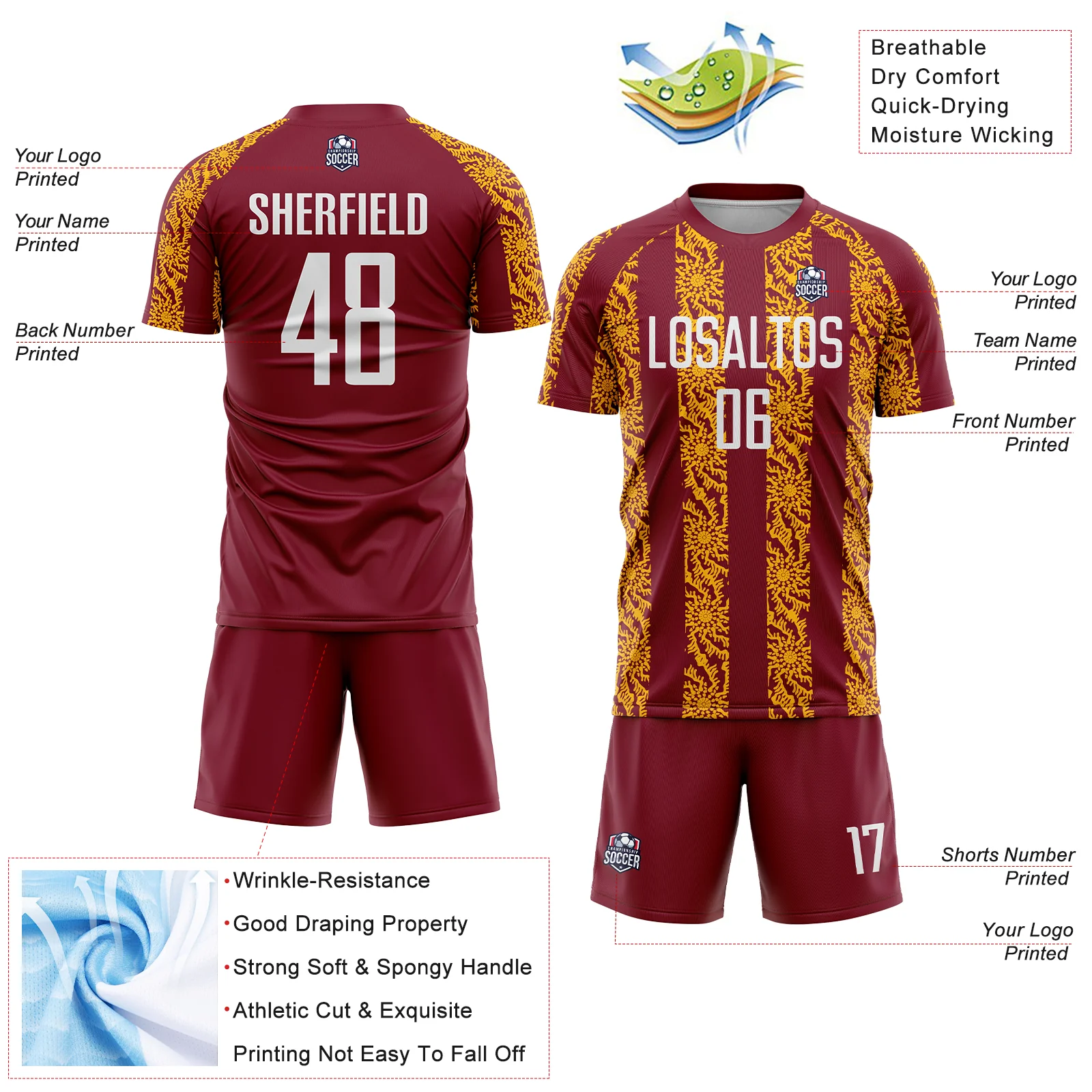Custom Crimson White-Gold Abstract Shape Sublimation Soccer Uniform Jersey - Image 4