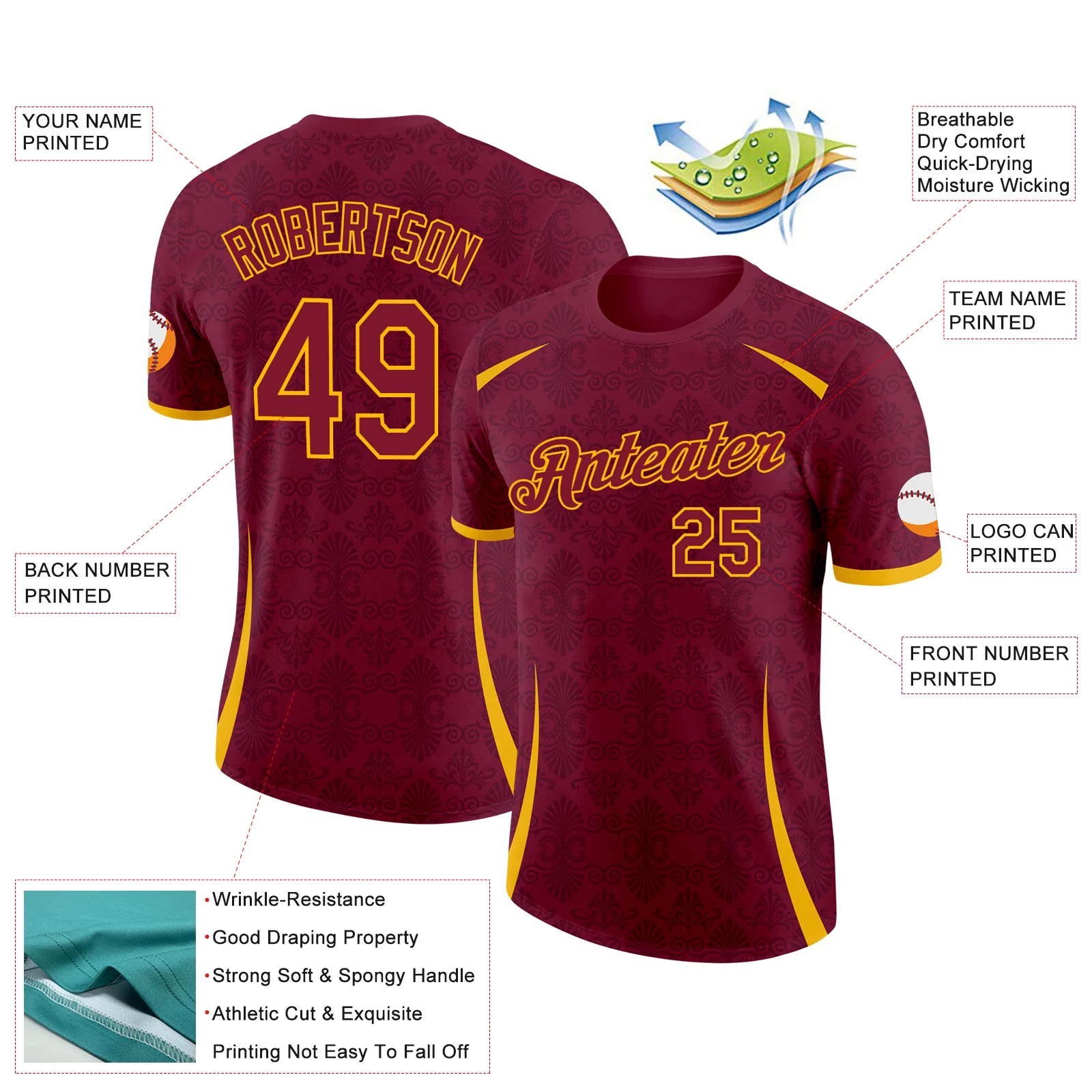 Custom Crimson Gold Italy Subtle Soccer Jersey Performance T-Shirt - Image 2