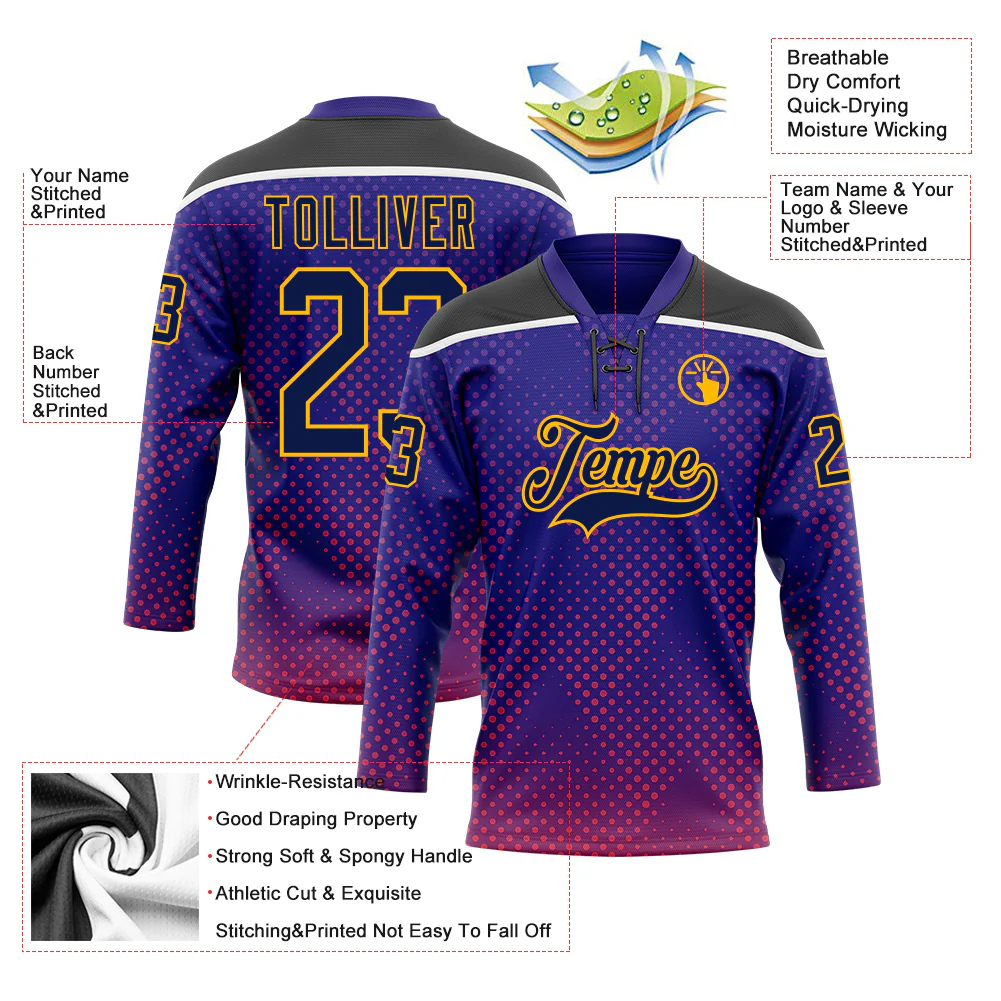 Custom Dark Purple Navy Gold Red Black-White Abstract Gradient Halftone Pattern Hockey Lace Neck Jersey - Image 5