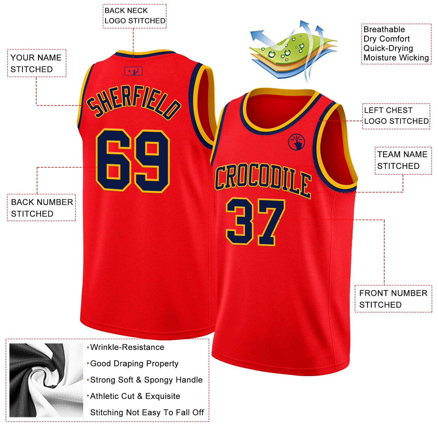 Custom Fire Red Navy-Gold Authentic Basketball Jersey - Image 2