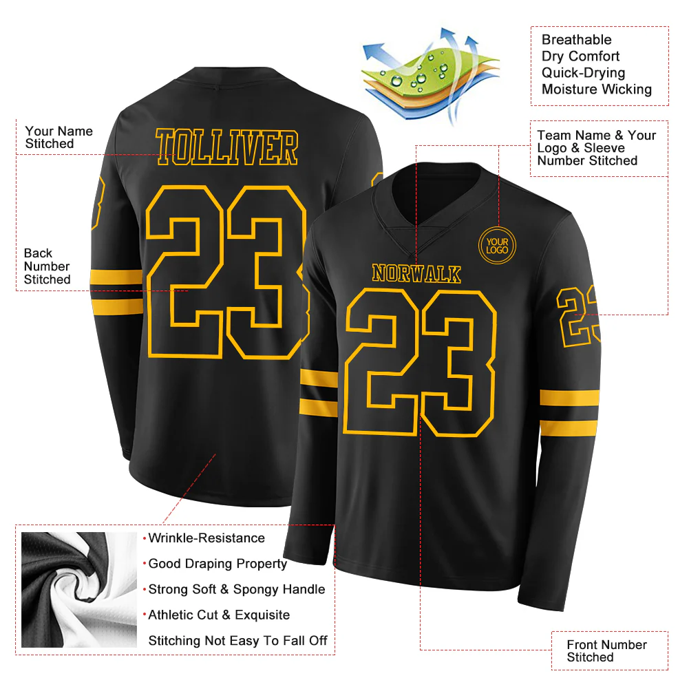 Custom Black Gold Long Sleeve Authentic Football Jersey - Image 2