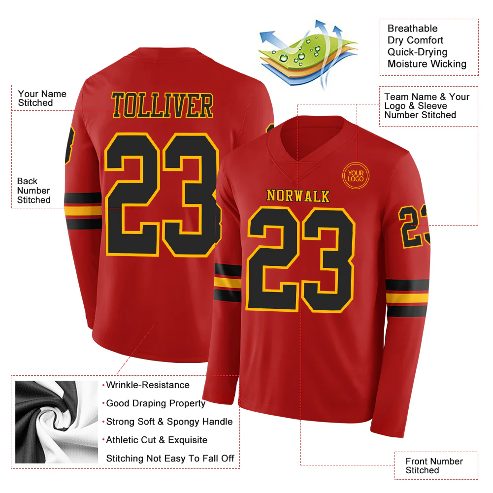 Custom Red Black-Gold Long Sleeve Authentic Football Jersey - Image 2