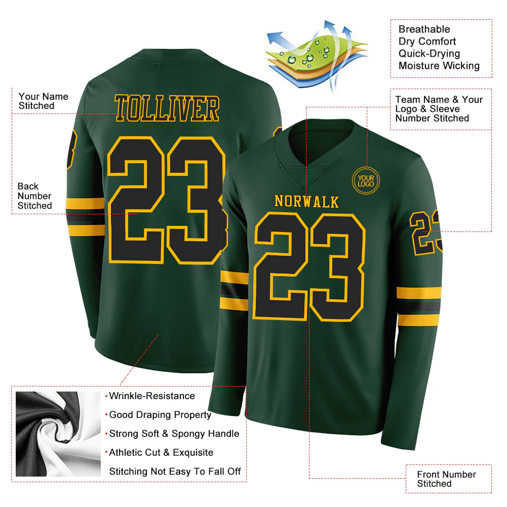 Custom Green Black-Gold Long Sleeve Authentic Football Jersey - Image 2