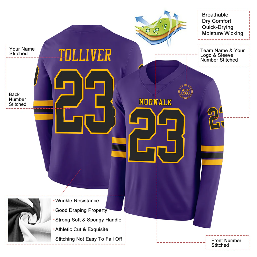 Custom Purple Black-Gold Long Sleeve Authentic Football Jersey - Image 2