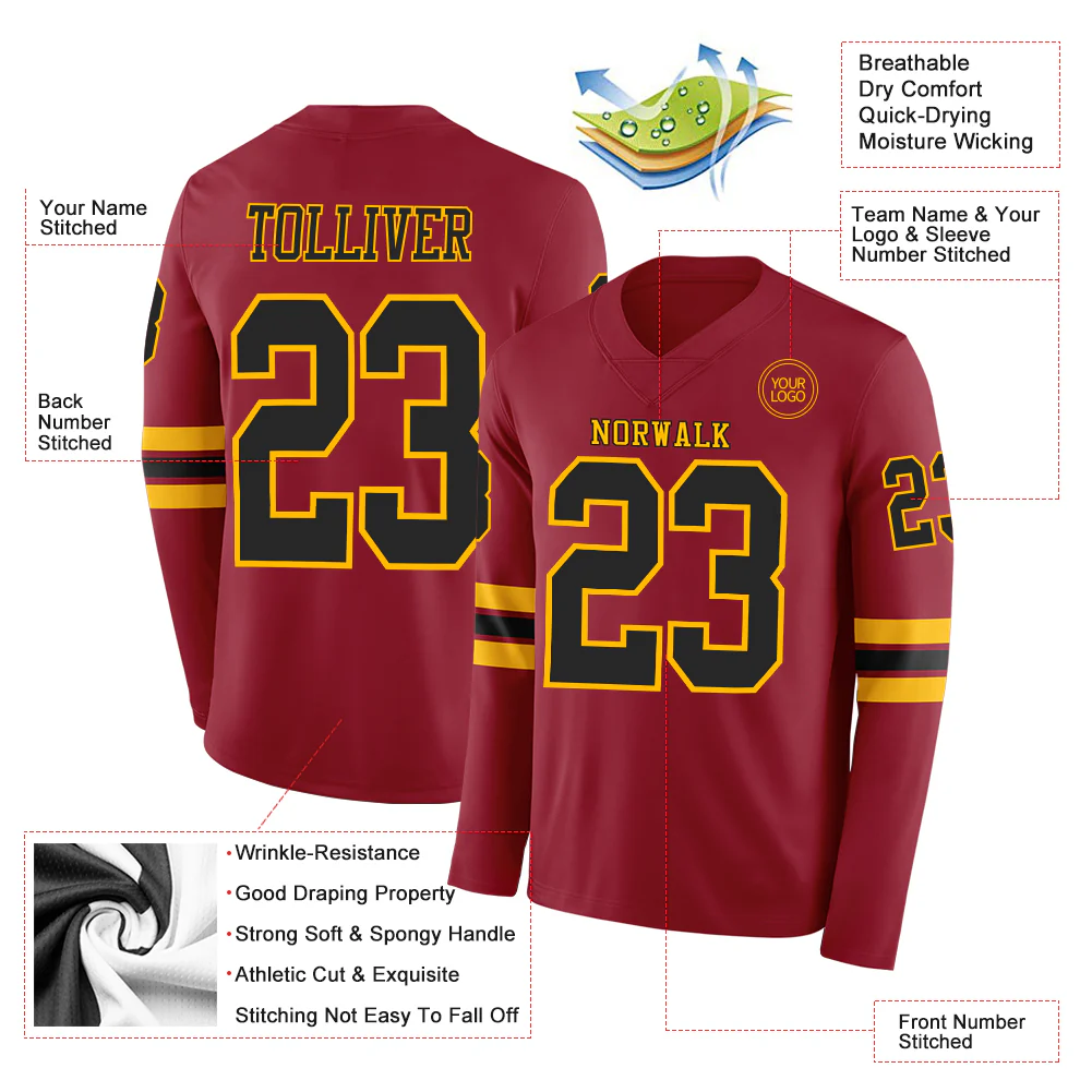 Custom Cardinal Black-Gold Long Sleeve Authentic Football Jersey - Image 2
