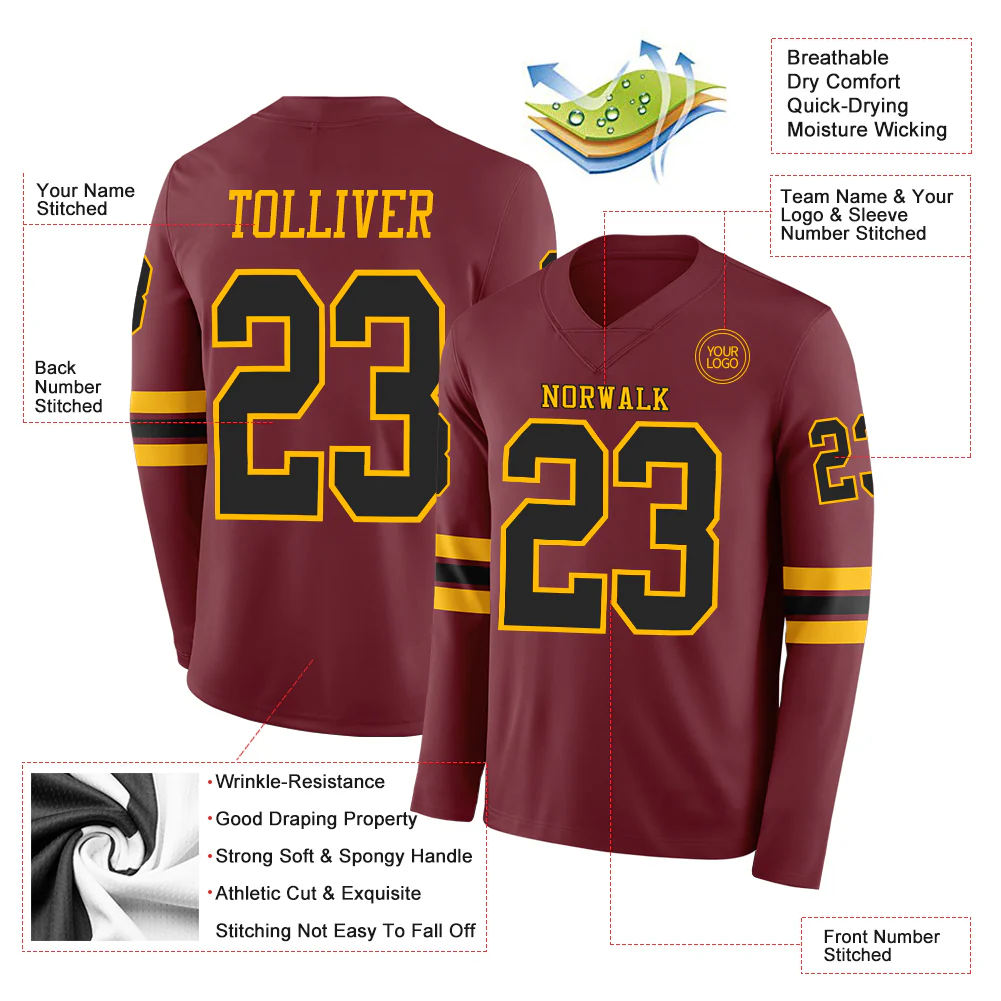 Custom Burgundy Black-Gold Long Sleeve Authentic Football Jersey - Image 2