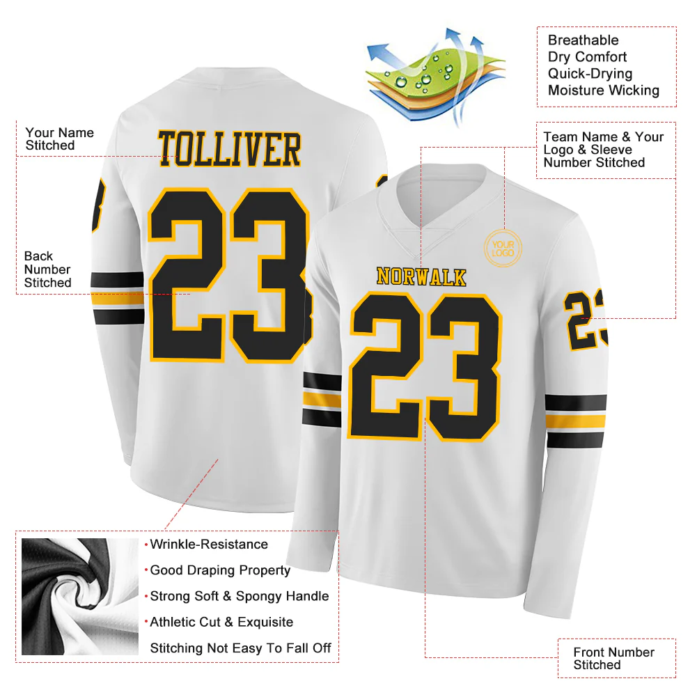 Custom White Black-Gold Long Sleeve Authentic Football Jersey - Image 2