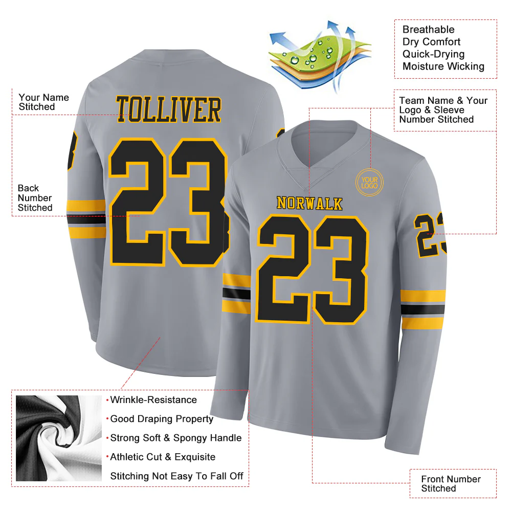 Custom Gray Black-Gold Long Sleeve Authentic Football Jersey - Image 2