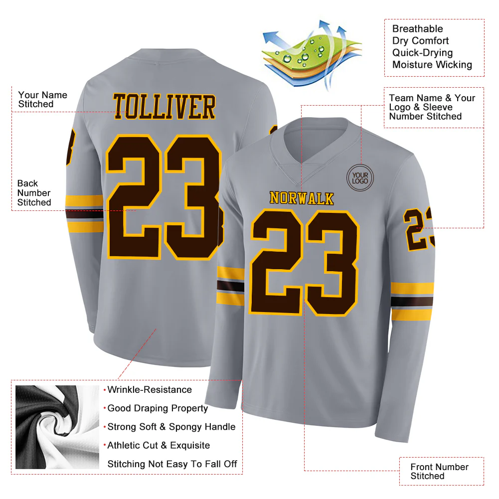 Custom Gray Brown-Gold Long Sleeve Authentic Football Jersey - Image 2