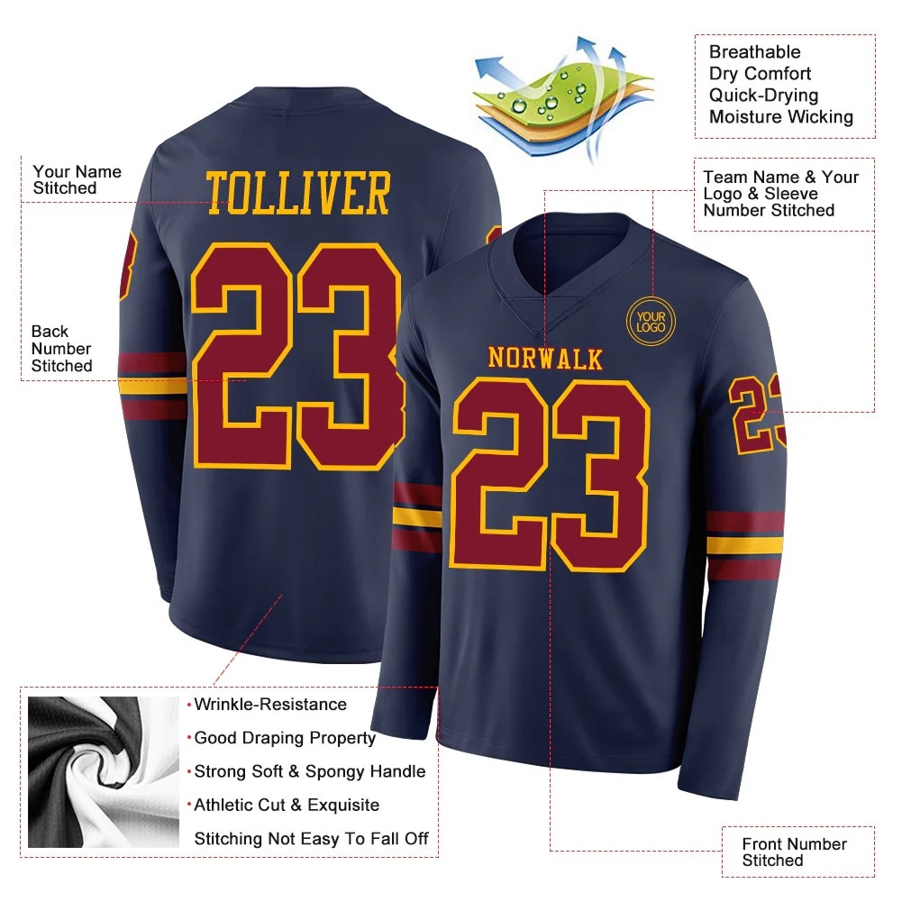 Custom Navy Crimson-Gold Long Sleeve Authentic Football Jersey - Image 2