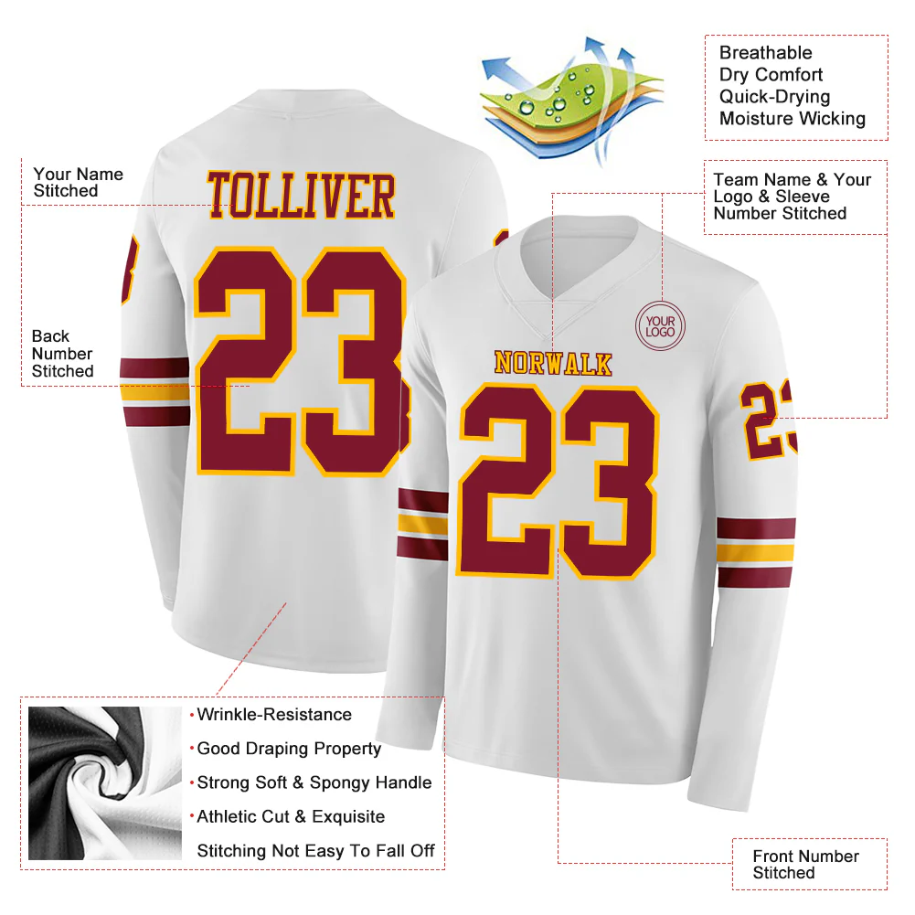 Custom White Crimson-Gold Long Sleeve Authentic Football Jersey - Image 2