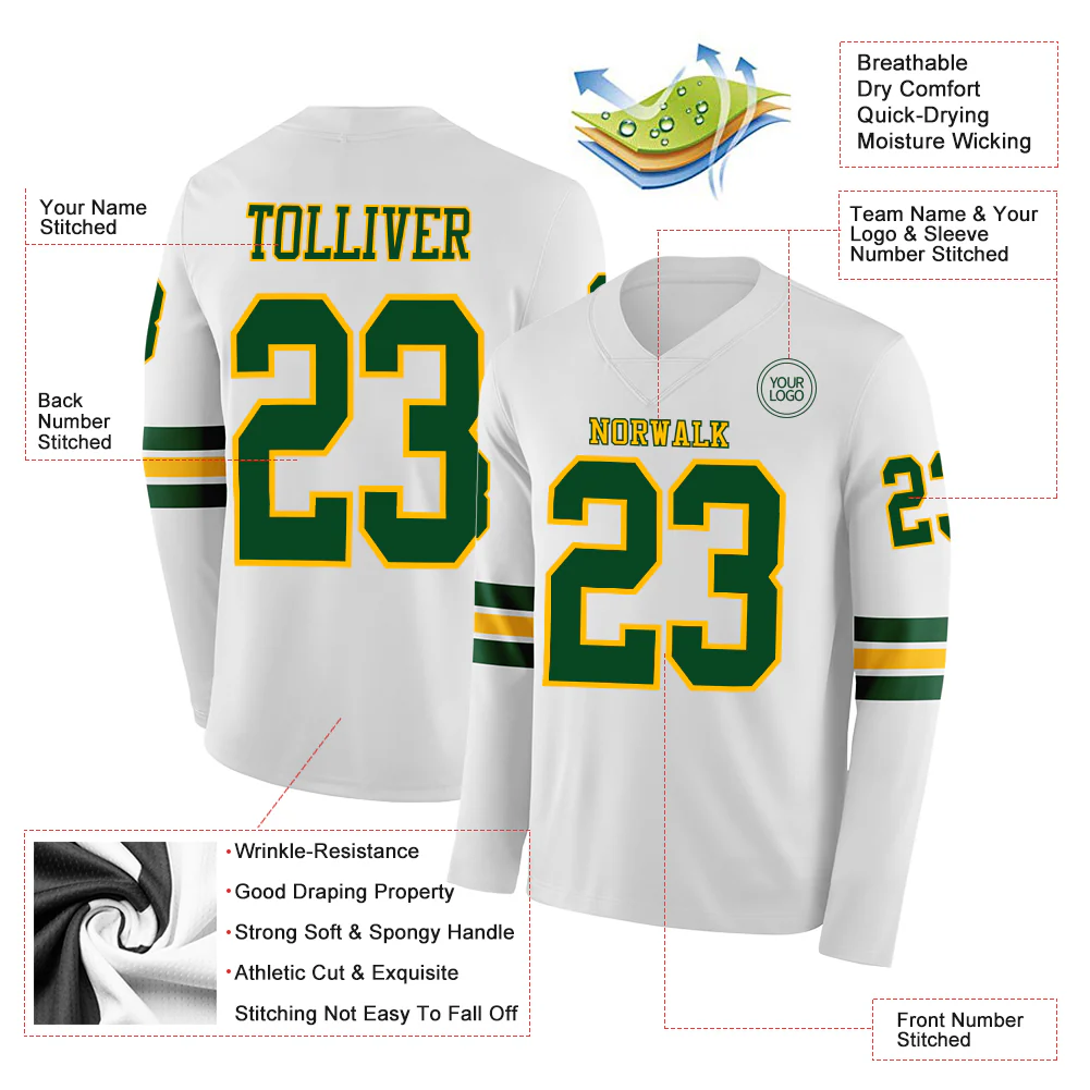 Custom White Green-Gold Long Sleeve Authentic Football Jersey - Image 2