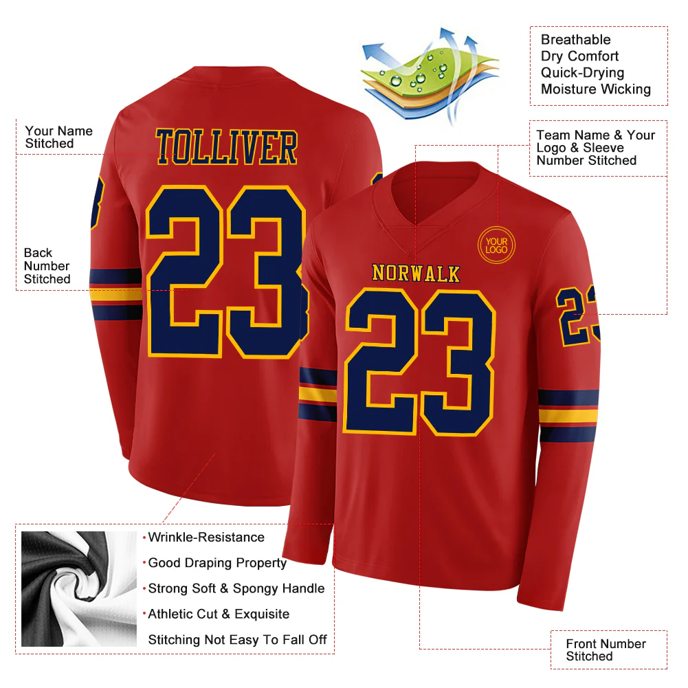 Custom Red Navy-Gold Long Sleeve Authentic Football Jersey - Image 2