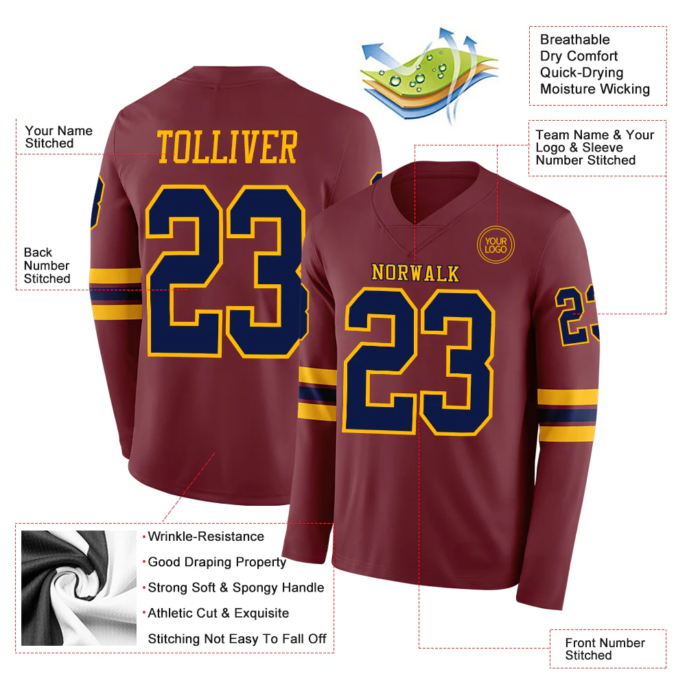 Custom Burgundy Navy-Gold Long Sleeve Authentic Football Jersey - Image 2