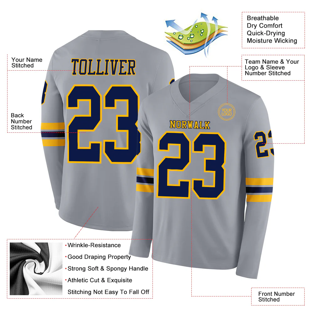 Custom Gray Navy-Gold Long Sleeve Authentic Football Jersey - Image 2