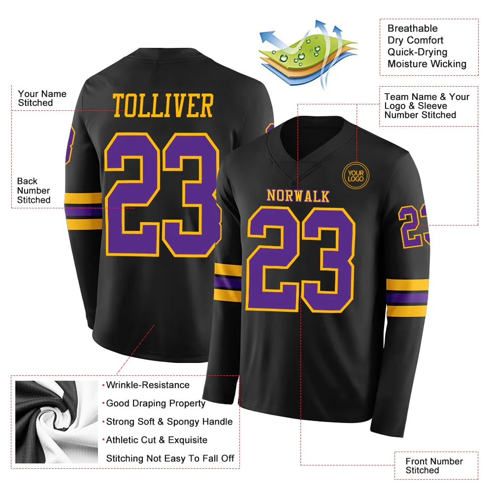 Custom Black Purple-Gold Long Sleeve Authentic Football Jersey - Image 2