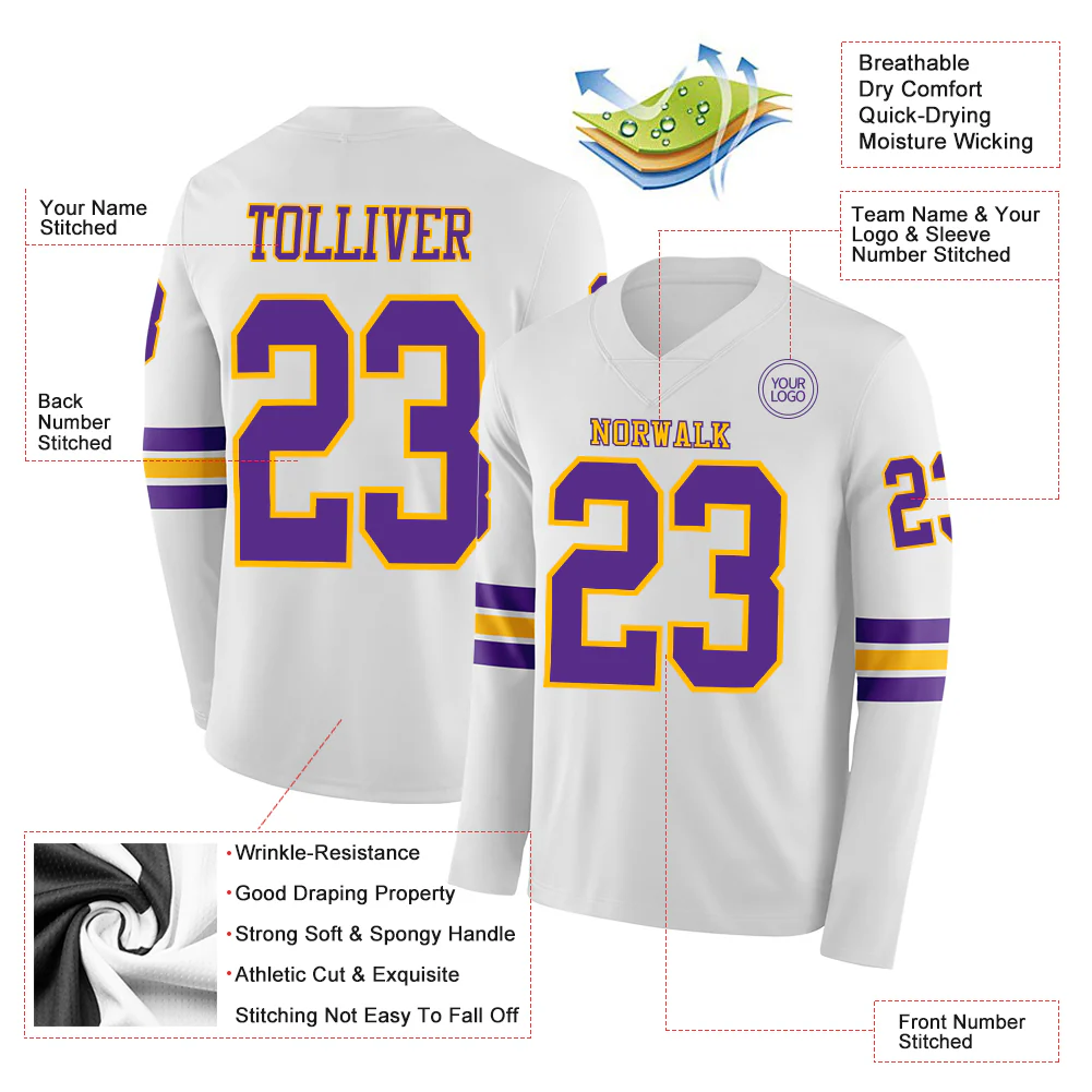 Custom White Purple-Gold Long Sleeve Authentic Football Jersey - Image 2