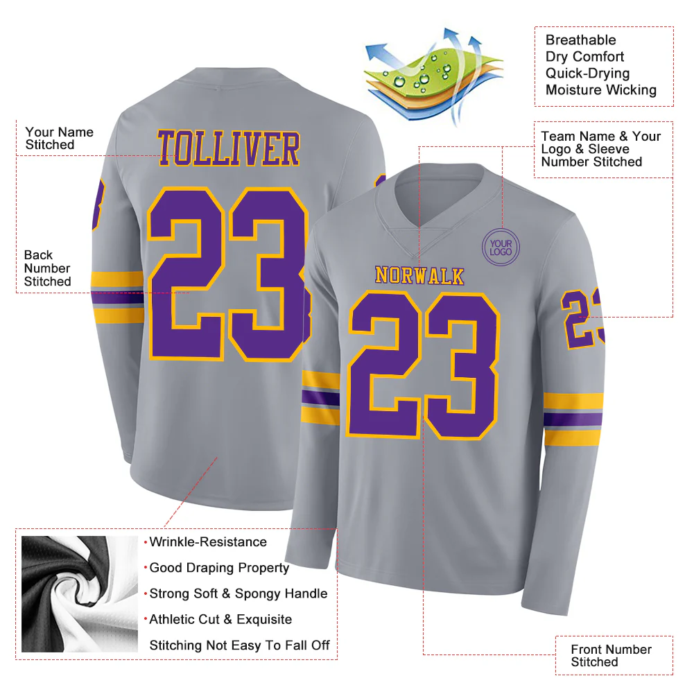 Custom Gray Purple-Gold Long Sleeve Authentic Football Jersey - Image 2