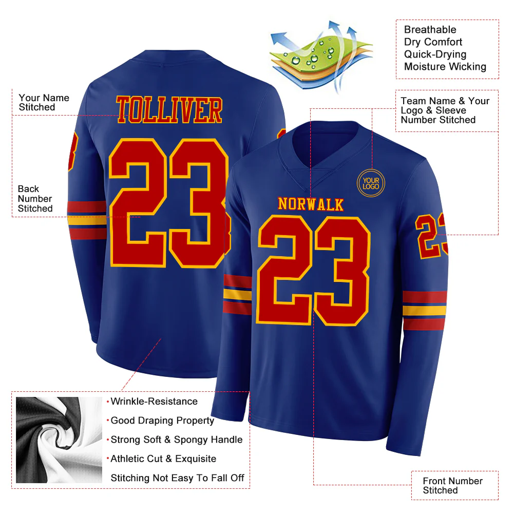 Custom Royal Red-Gold Long Sleeve Authentic Football Jersey - Image 2