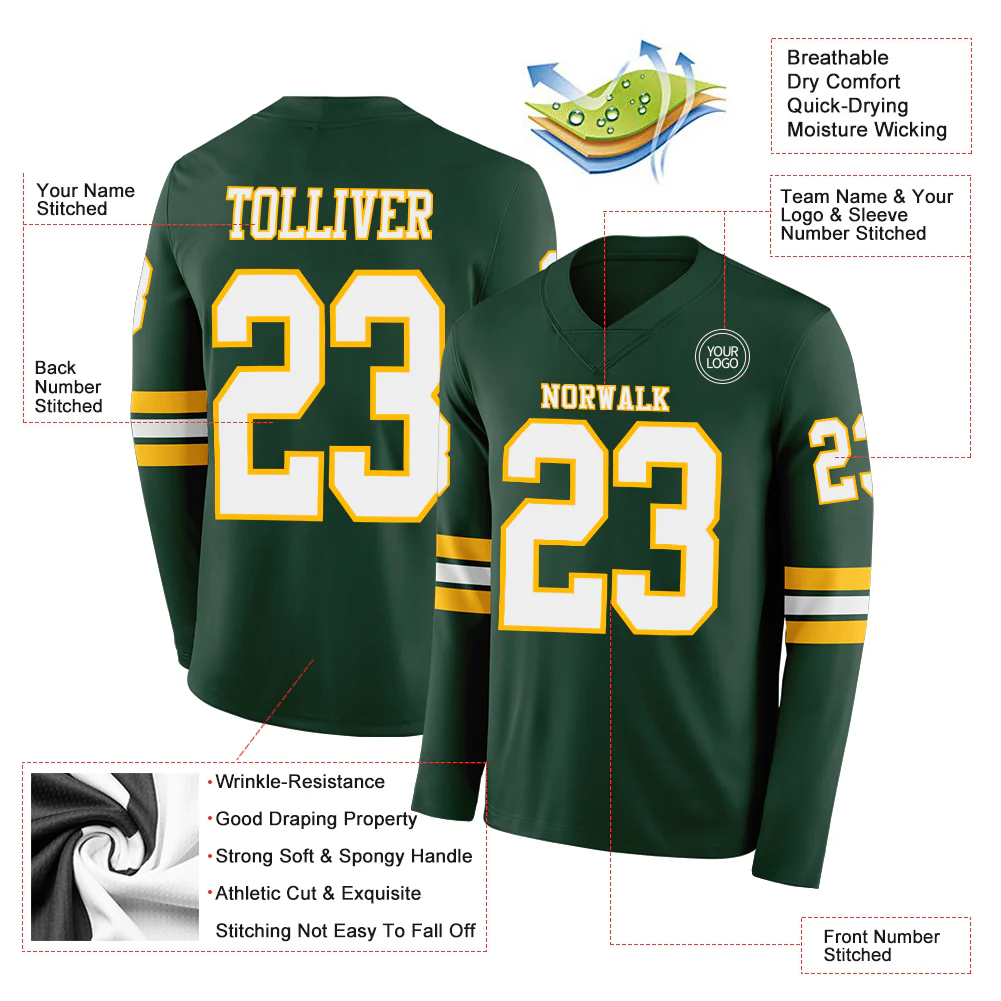 Custom Green White-Gold Long Sleeve Authentic Football Jersey - Image 2