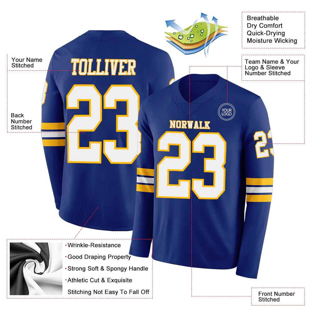 Custom Royal White-Gold Long Sleeve Authentic Football Jersey - Image 2
