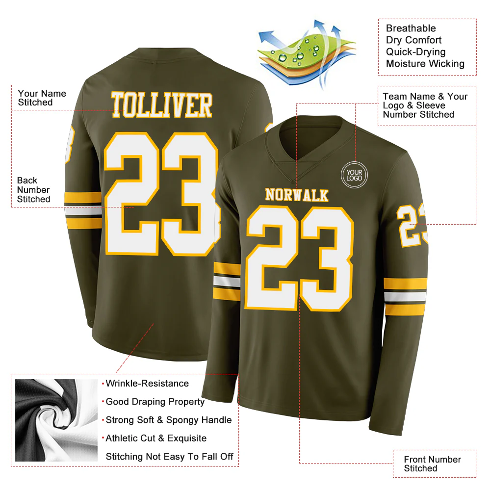 Custom Olive White-Gold Long Sleeve Salute To Service Authentic Football Jersey - Image 2