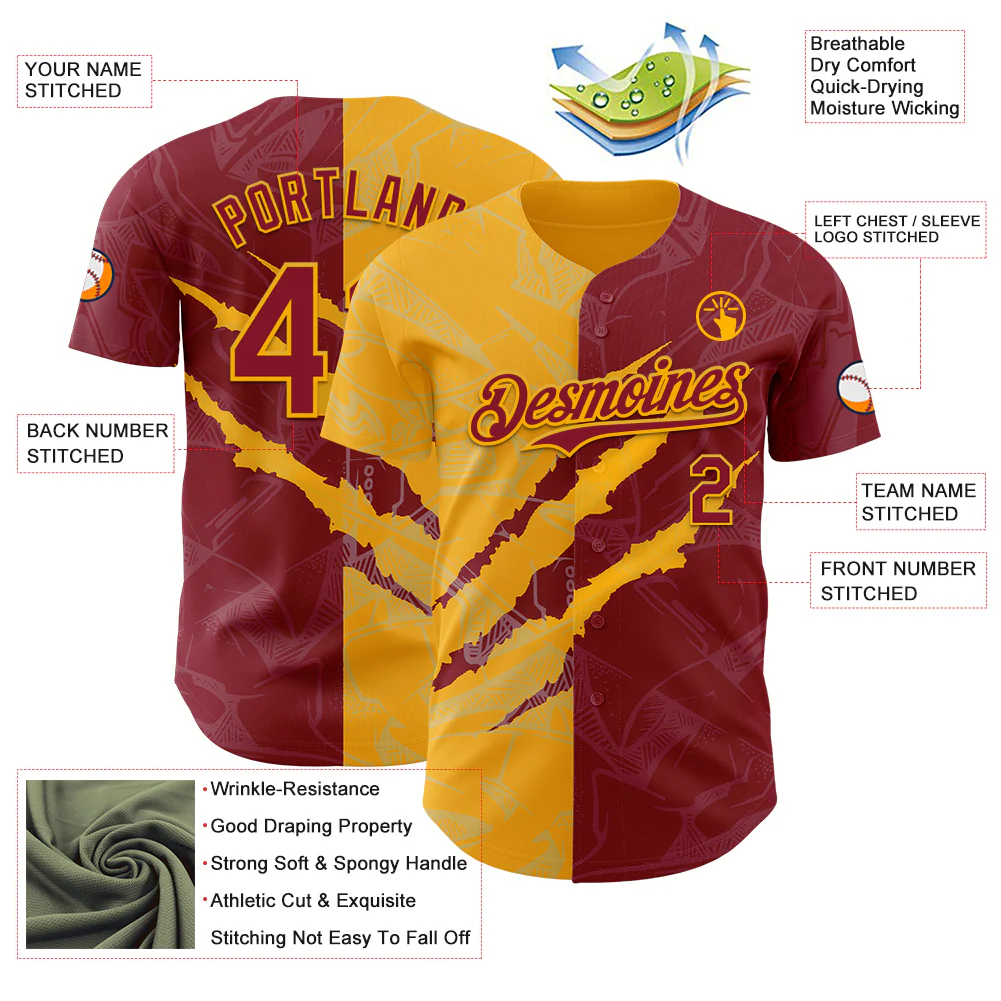 Custom Graffiti Pattern Crimson-Gold 3D Scratch Authentic Baseball Jersey - Image 3