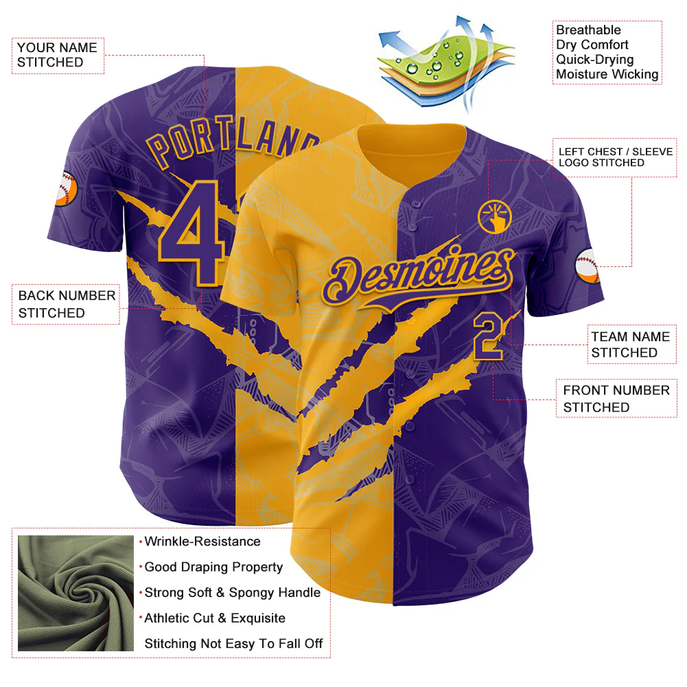 Custom Graffiti Pattern Purple-Gold 3D Scratch Authentic Baseball Jersey - Image 3