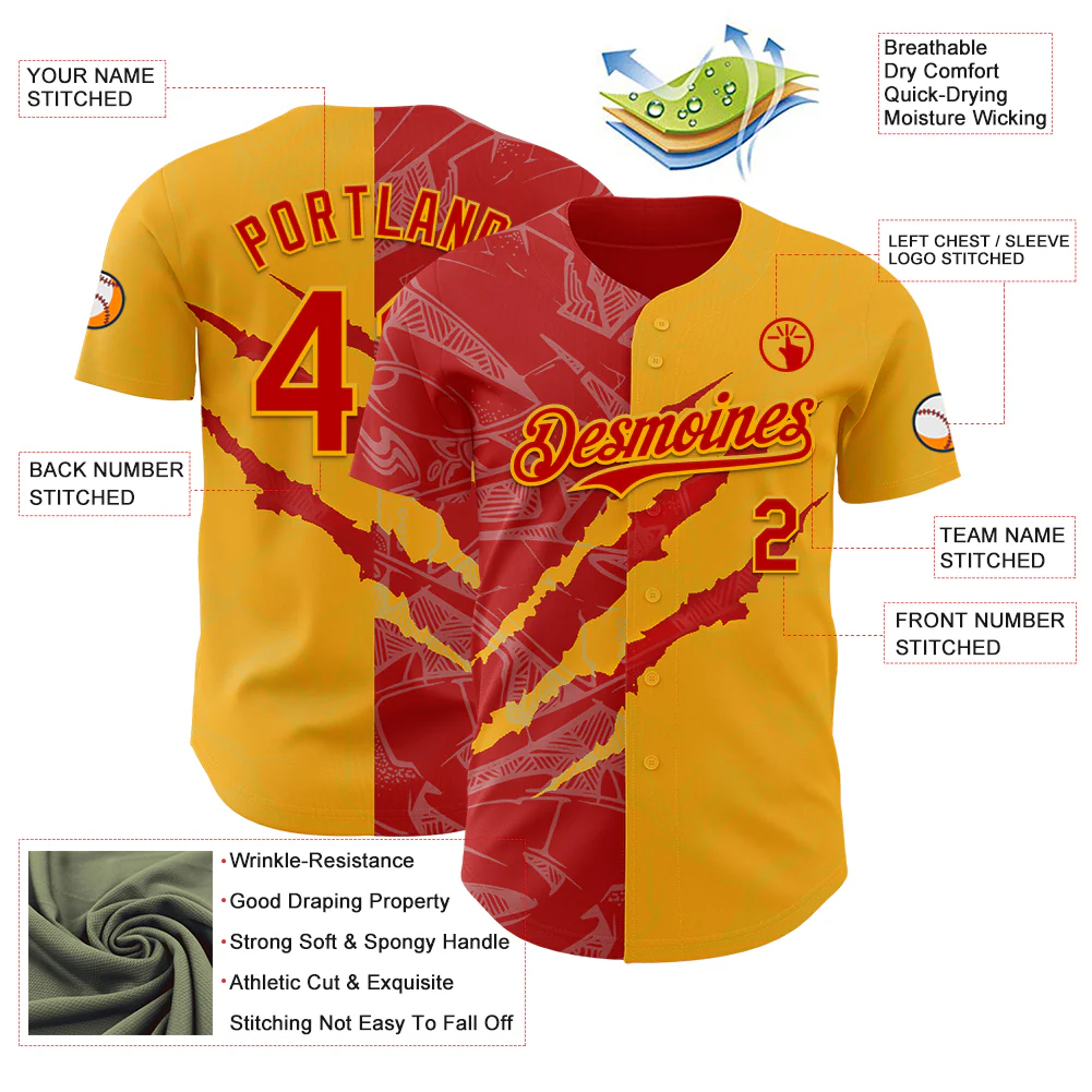 Custom Graffiti Pattern Red-Gold 3D Scratch Authentic Baseball Jersey - Image 3